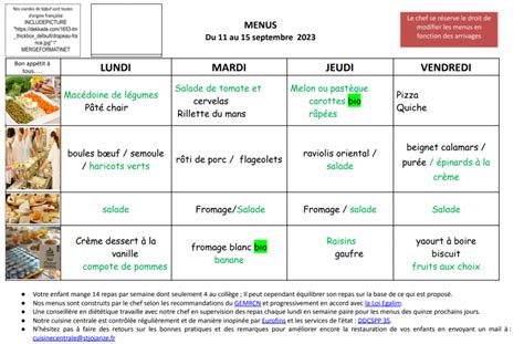 Menu primaire du 11 au 15 septembre 2023 École Saint Jean Baptiste de