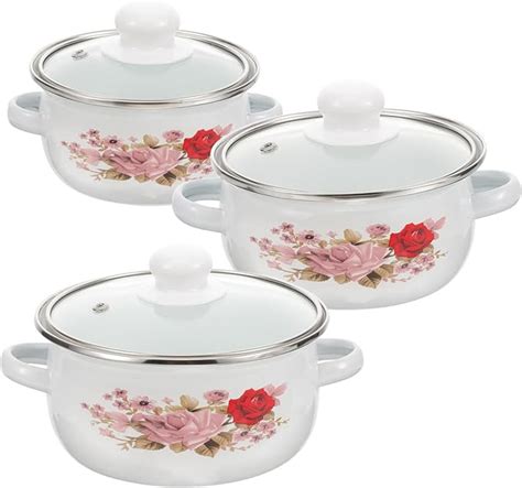 Amazon Yardwe 3pcs Enamel Stockpot With Lid Floral Retro Cooking