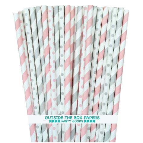 Light Pink And Silver Paper Straws Stripe Polka Dot 775 Inches 100