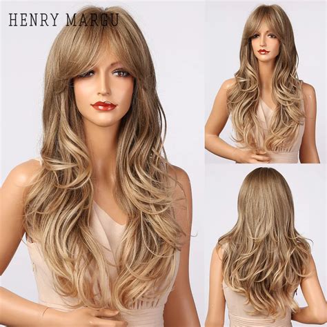 Henry Margu Long Wavy Ombre Brown Blonde Wigs With Bangs Synthetic