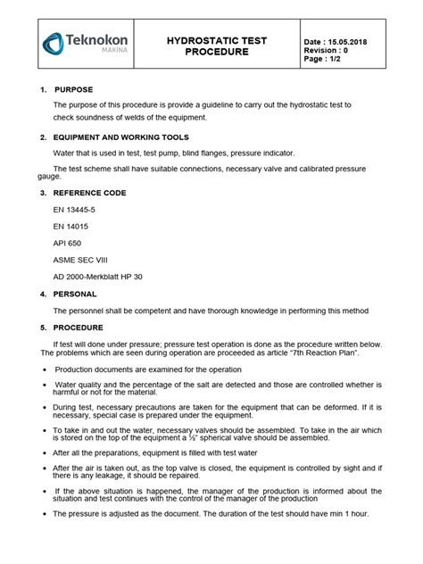 1-Hydrostatic Test Procedure | PDF | Leak | Equipment