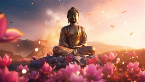 Free Photo 3d Rendering Of Buddha Statue Surrounded By Flowers