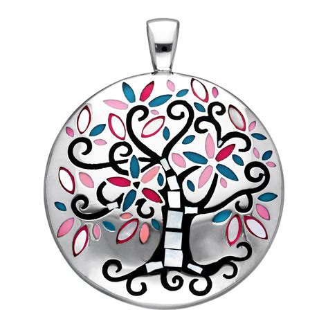 Pendentif Stella Mia En Acier Et Nacre Rond Avec Arbre De Vie Noir Et Rose