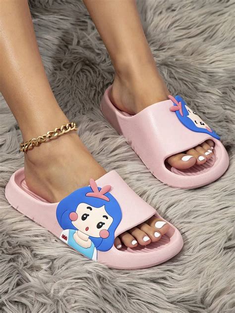 Women Cartoon Girl Graphic Single Band Slides Preppy Outdoor Eva