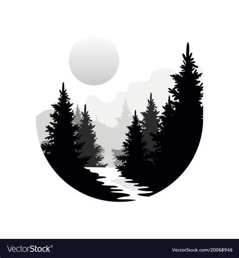 Beautiful Nature Landscape With Silhouettes Of Forest Coniferous Trees