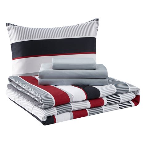 Mainstays Red And Gray Stripe 6 Piece Bed In A Bag Comforter Set With