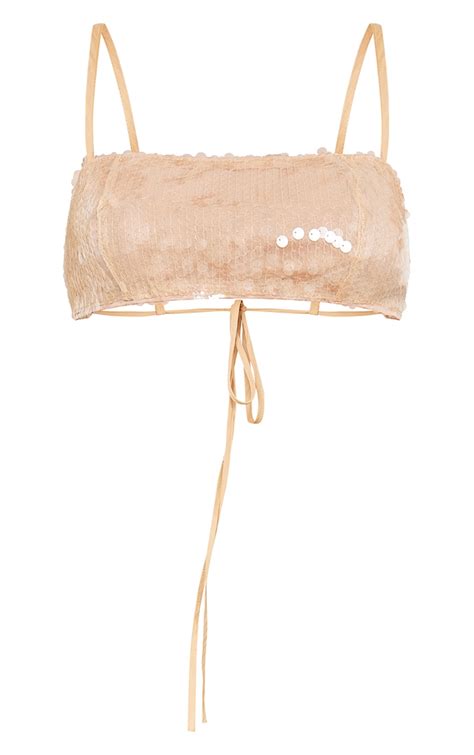 Top bandeau transparent nude clair à sequin et lacets