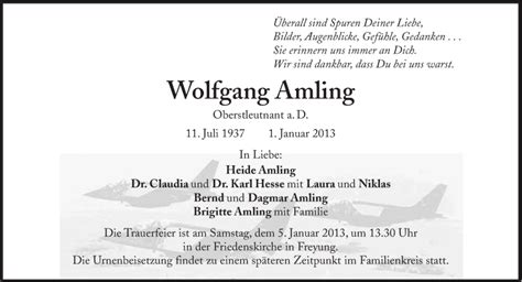 Traueranzeigen Von Wolfgang Amling SZ Gedenken De