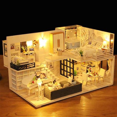 Nova casa de boneca diy em miniatura de madeira casas de bonecas móveis