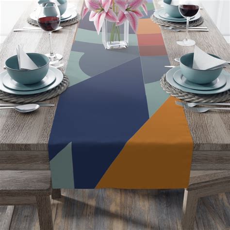 Bauhaus Pattern Mid Century Modern Geometric Table Runner In Purple