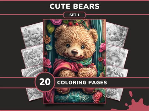 20 Cute Bears Coloring Pages For Adults Set 1 Adorable Teddies Flower Blossoms Printable