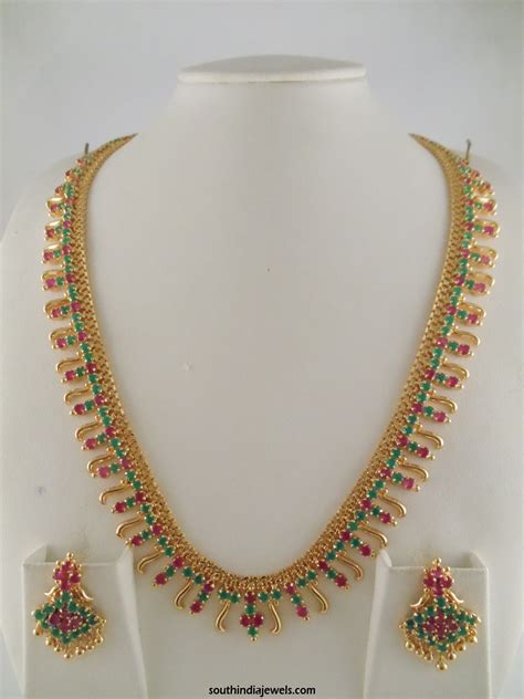 1 Gram Gold Ruby Emerald Stone Necklace - South India Jewels