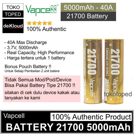 Jual Authentic VAPCELL 5000mAh 21700 Battery Batre Baterai Batere