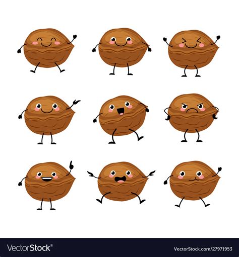 Cute Walnut Characters Set With Different Emitions