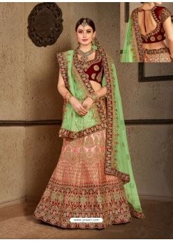 Buy Peach And Green Naylon Satin Embroidered Designer Wedding Lehenga