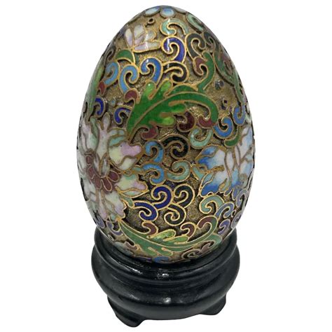 Vintage Cloisonne Egg With Stand Figurine Gold And Enamel Collectible