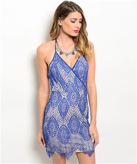 Blue Lace Bodycon Dress Featuring Spaghetti Straps Plunge V Neckline