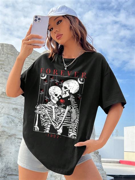 Shein Coolane Womens Skull And Letter Print T Shirt Shein Usa