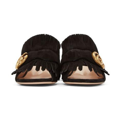 Gucci Black Suede Gg Marmont Fringed Mules Gucci