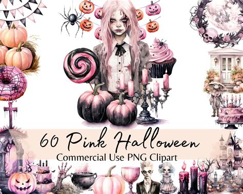 Pink Halloween Watercolor Clipart Collection Png Bundle Etsy