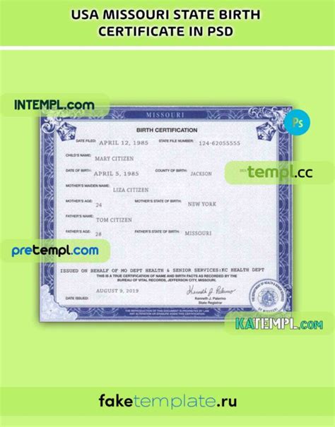 Usa Missouri State Birth Certificate Psd Download Template