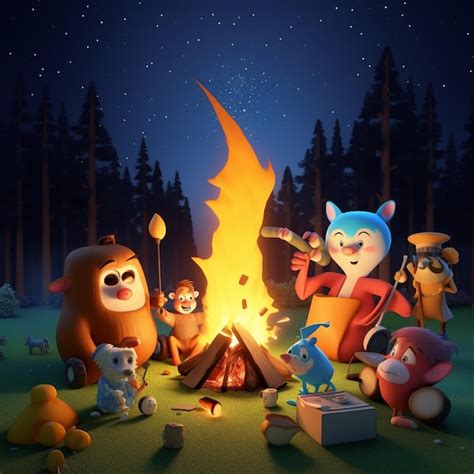 Premium Photo A Cartoon Of A Group Of People Around A Campfire