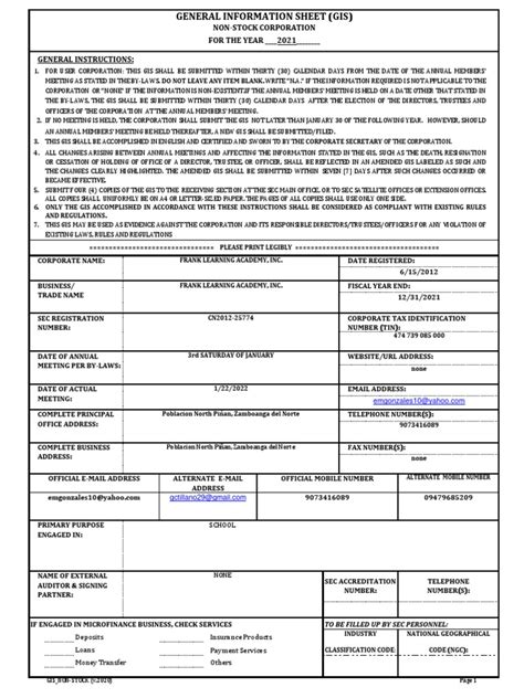 2020form Gis Non Stock Pdf Securities Finance Board Of Directors