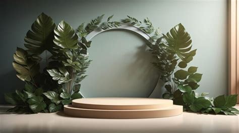 Premium AI Image 3D Empty Podium Mockup With Leaf Decoration