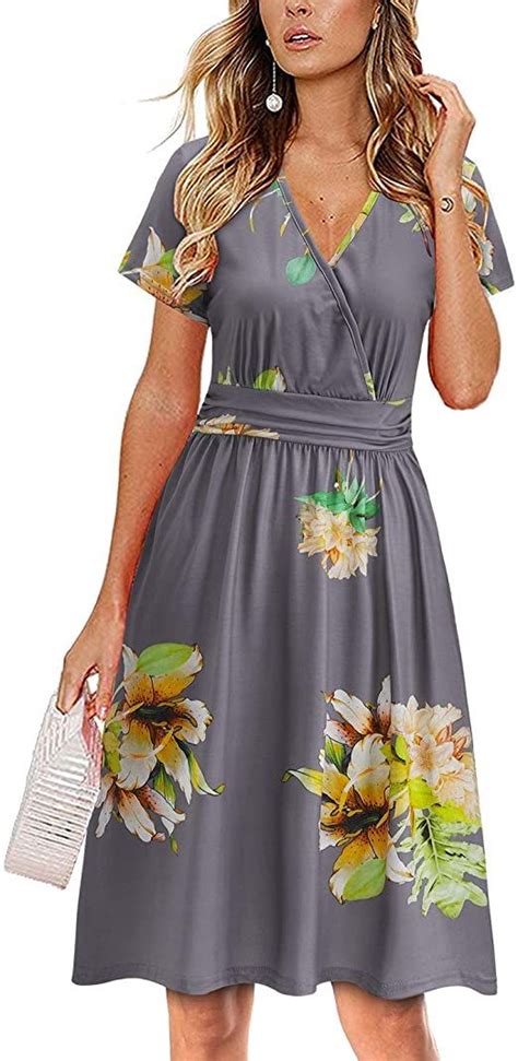 Ouges Womens Summer Short Sleeve V Neck Floral Short Party Dress With