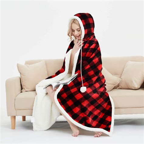 Ehc Check Design Super Soft Warm Sherpa Fleece Wearable Hooded Blanket