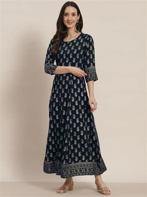 Buy Juniper Navy Blue Golden Ethnic Motifs Printed A Line Dress