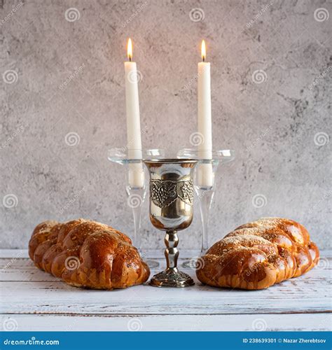 Shabbat Shalom - Challah Bread, Shabbat Wine and Candles on Wooden ...