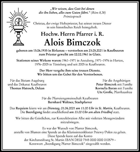 Traueranzeigen Von Alois Bimczok Augsburger Allgemeine Zeitung