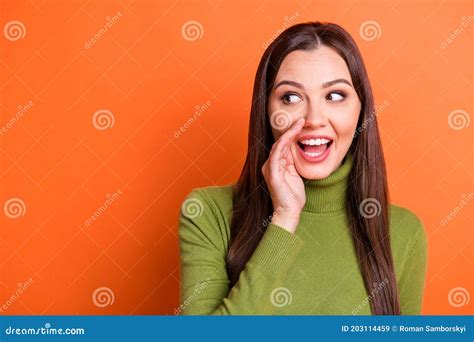 Portrait Of Optimistic Cute Brunette Hairdo Girl Hand Face Look Empty