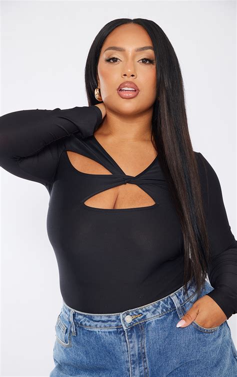 Plus Black Slinky Cut Out Bodysuit Prettylittlething