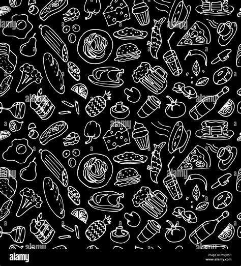 Various Hand Drawn Food Cookery Dishes Doodle Outline White Chalk