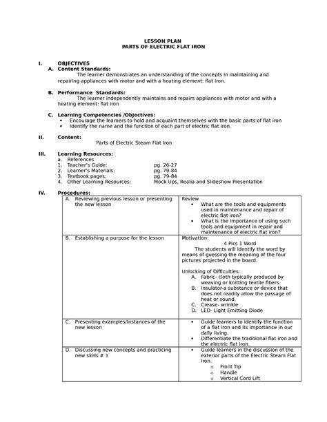 Lesson Plan Observation Flat Iron LESSON PLAN PARTS OF ELECTRIC FLAT