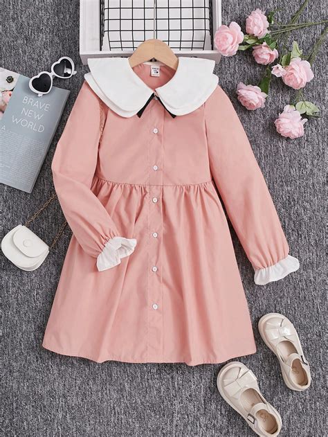 Shein Ragazza Tween Abito Smock Colletto A Contrasto Manica A Campana