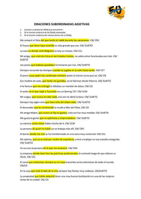 Ejercicio Oraciones Subordinadas Sustantivas Ejercicio Subordinadas