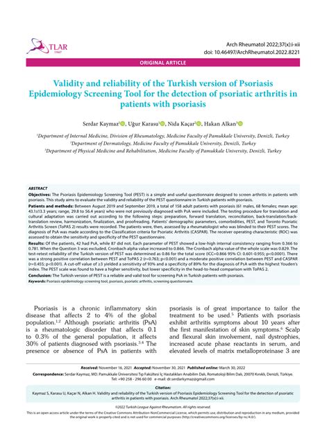 Pdf Validity And Reliability Of The Turkish Version Of Psoriasis Epidemiology Screening Tool