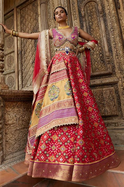 Buy Red Lehenga Silk And Embroidery V Neck Set For Women By Aditi Gupta