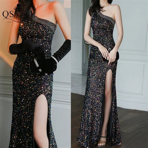 583 Beading One Shoulder Black Evening Dresses Fitted Sequin Prom Gown Glitter Sexy Split Part