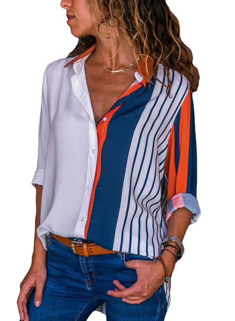 Orange Womens Striped Long Sleeve Turn Down Collar Loose Button Down