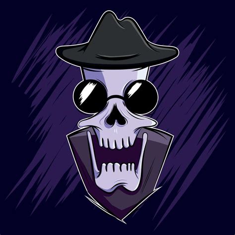 vector illustration skull with hat, face, animated comic, purple colors ...