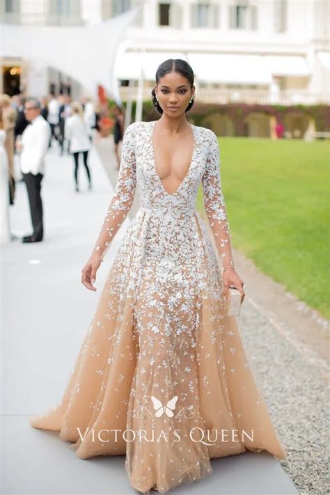 Chanel Iman Champagne Tulle Lace Appliqued Prom Dress Vq