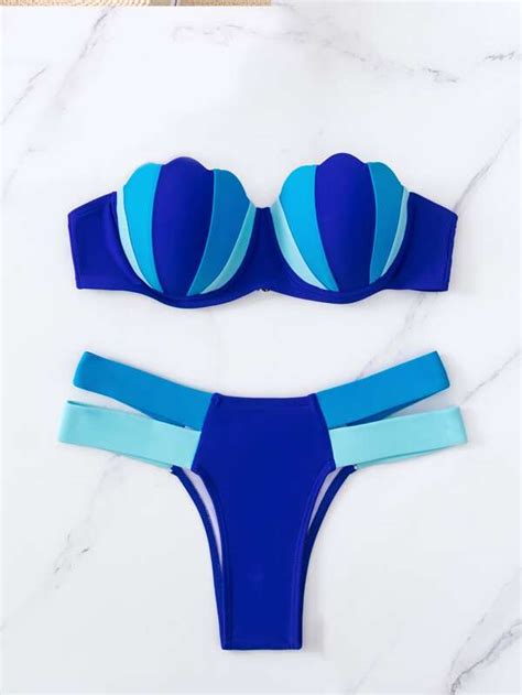 Shein Swim Vcay Color Block Scallop Trim Push Up Bikini Swimsuit