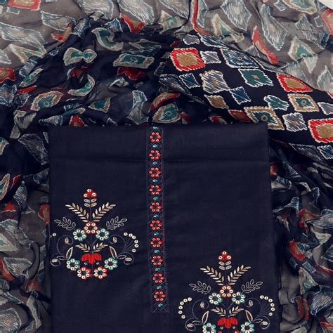 Navy Blue Floral Embroidered Pure Cotton Dress Material