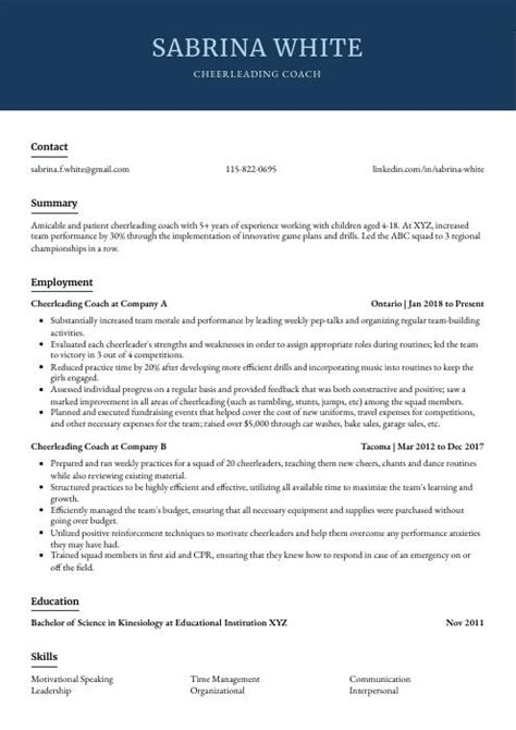 Cheerleading Coach Resume Cv Example And Writing Guide