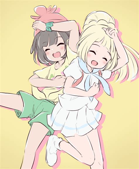 Safebooru 2girls D Arm Up Beanie Black Hair Blonde Hair Blush