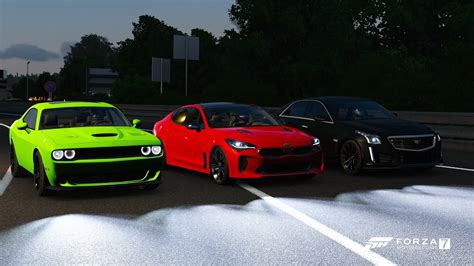 Forza 7 Drag Race Dodge Challenger Srt Hellcat Vs Kia Stinger Tuned Vs Cadillac Cts V Sedan